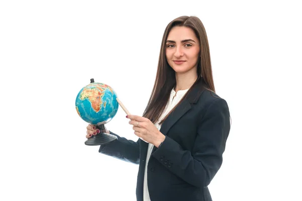 Mujer Joven Con Pluma Globo Aislado Blanco —  Fotos de Stock