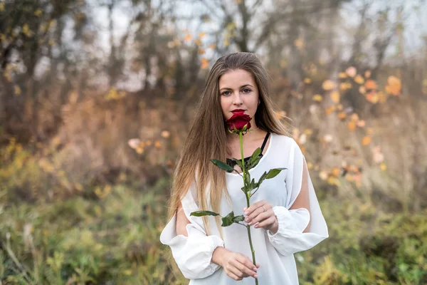 Mooie Jonge Vrouw Met Rode Roos Poseren Buiten — Stockfoto