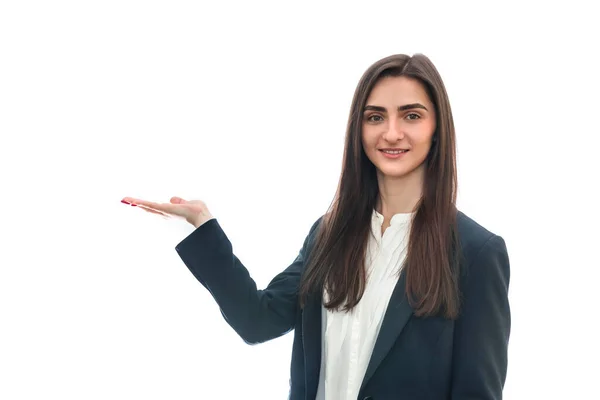 Jovem Mulher Terno Isolado Branco — Fotografia de Stock