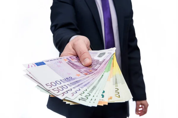 Manliga Händer Som Erbjuder Eurosedlar Närbild — Stockfoto