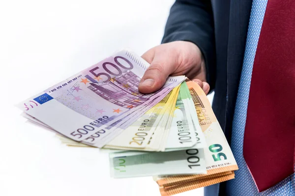 Eurosedlar Fläkt Manlig Hand — Stockfoto