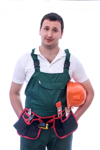 Homem Uniforme Protetor Com Capacete Isolado Branco — Fotografia de Stock