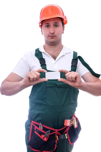 Worker Showing His Visit Card Isolated White — Stock Photo, Image