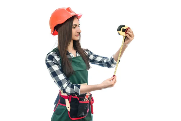 Woman Worker Uniform Measuring Tape Isolated White — Stock Photo, Image