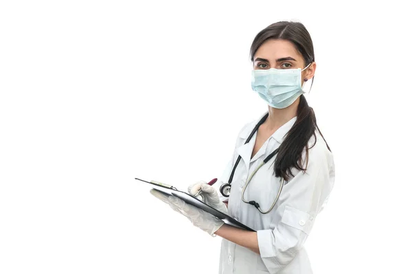 Arzt Maske Mit Dokumenten Auf Weißem Hintergrund — Stockfoto