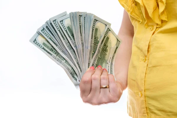 Kvinnlig Hand Som Erbjuder Dollarsedlar Fläkt — Stockfoto