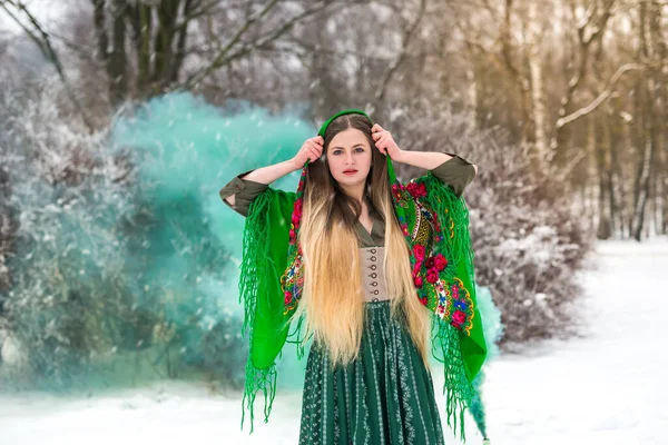 Menina Ucraniana Bonita Xale Parque Inverno — Fotografia de Stock