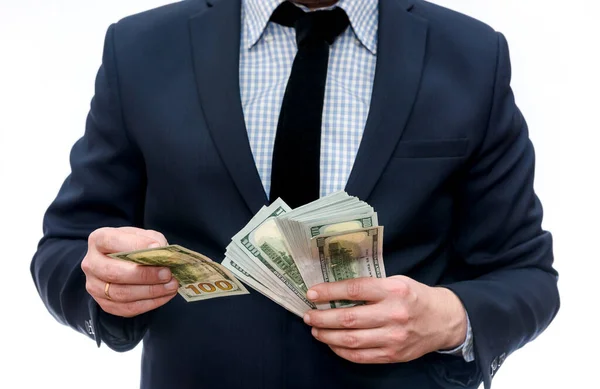 Takım Elbiseli Adam Elinde Bir Yığın Banknot Tutuyor — Stok fotoğraf