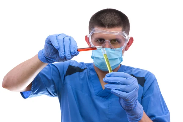 Chemist Special Protective Uniform Examining Test Tubes Looking His Hands — Stock Photo, Image