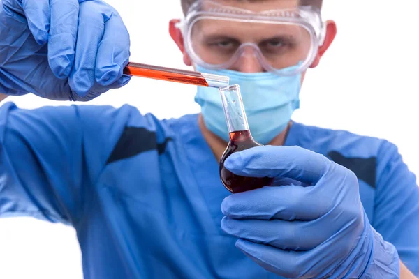 Chemist Holding Red Test Tubes Some Liquid Substance Looking — Stock Photo, Image