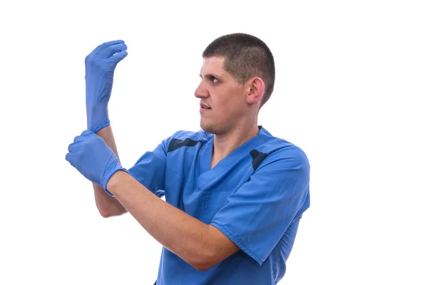 Young Doctor Uniform Getting Ready Work Putting Gloves Isolated White — Stock Photo, Image