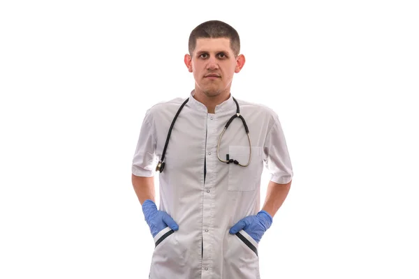 Lékař Uniformě Stetoskopem Izolovaným Bílém — Stock fotografie