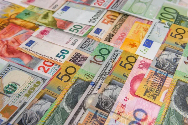 Kolorowe Banknoty Różnych Krajach Jako Tło Blisko — Zdjęcie stockowe