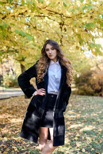 Belle Jeune Femme Manteau Fourrure Dans Forêt Automne Magique — Photo