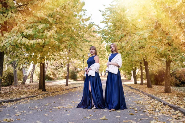 Dos Jóvenes Muy Hermosas Vestidos Azules Moda Parque Otoño — Foto de Stock