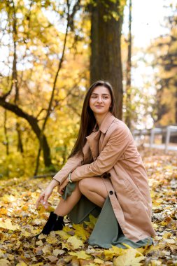 Sonbahar parkı. Yeşil elbiseli güzel kadın, sonbahar parkında sarı yapraklarla poz veriyor.