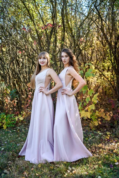 Dos Princesas Jóvenes Vistiendo Bonito Vestido Beige Parque Otoño Foto —  Fotos de Stock