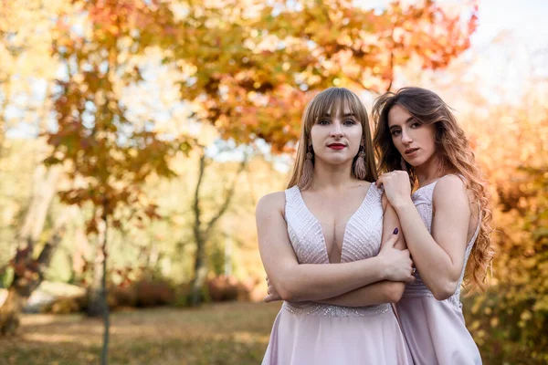 Dvě Mladé Princezny Pěkných Béžových Šatech Podzimním Parku Módní Fotka — Stock fotografie