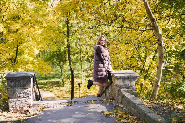 时尚女人 在秋天的公园里 穿着毛皮外套 长着树木和常春藤的微笑女孩 — 图库照片