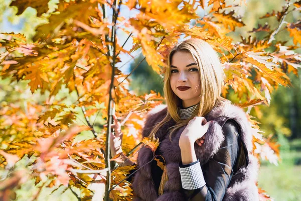Divatnő Mosolygó Lány Szőrme Kabát Pozin Őszi Parkban Fák Borostyán — Stock Fotó