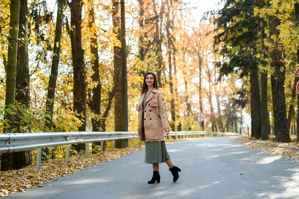 Colori Autunno Bella Donna Cappotto Posa Nella Foresta Sul Ciglio — Foto Stock