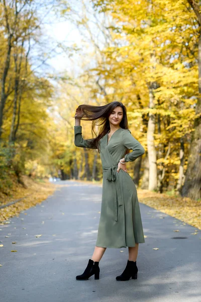 Couleurs Automne Belle Femme Manteau Posant Forêt Sur Bord Route — Photo