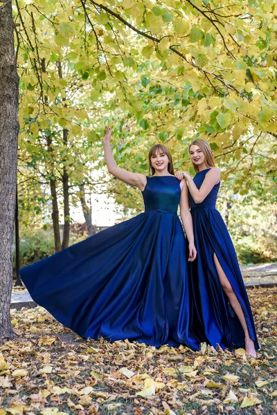 공원에서 파란색 드레스를 아름다운 — 스톡 사진