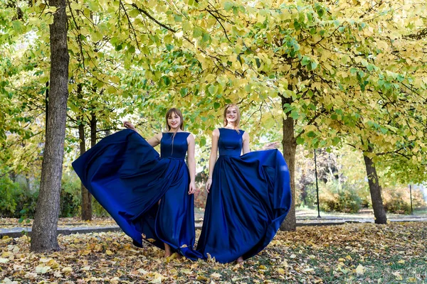 Dos Jóvenes Muy Hermosas Vestidos Azules Moda Parque Otoño — Foto de Stock