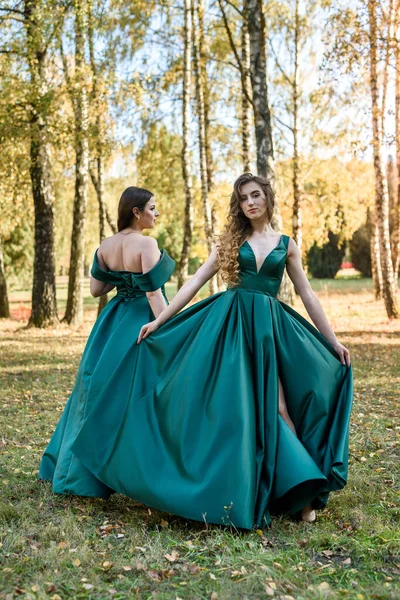 Жінки Елегантних Зелених Сукнях Ходять Осінньому Парку Брюнетка Дівчина Мрійливі — стокове фото