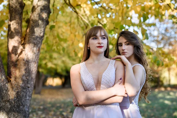 Dos Princesas Jóvenes Vistiendo Bonito Vestido Beige Parque Otoño Foto —  Fotos de Stock