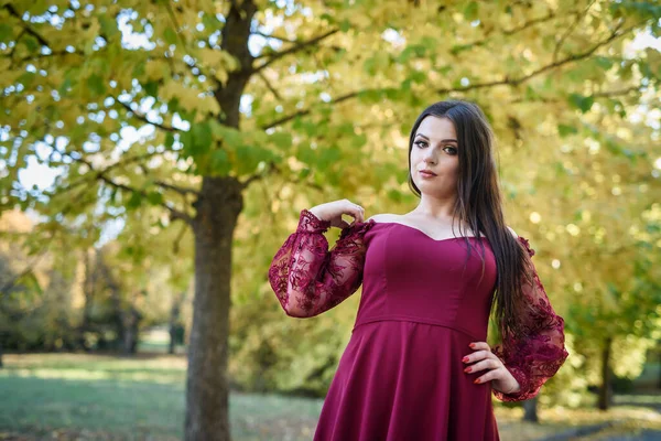 年轻的公主穿着漂亮的红色衣服在公园里 背景是明亮的 金秋的自然 — 图库照片