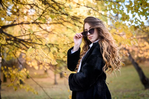 Belle Jeune Femme Manteau Fourrure Dans Forêt Automne Magique — Photo