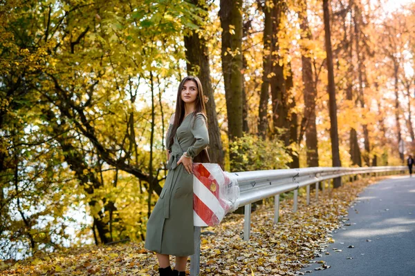 女性肖像 秋天公园里穿着橄榄色连衣裙的布鲁内特女肖像 — 图库照片