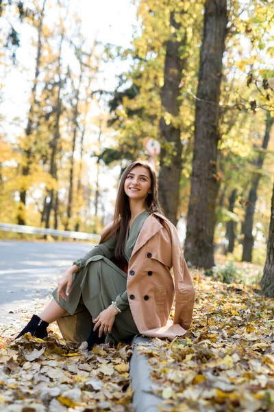 Őszi Színek Gyönyörű Kabátban Pózol Erdőben Szélén — Stock Fotó