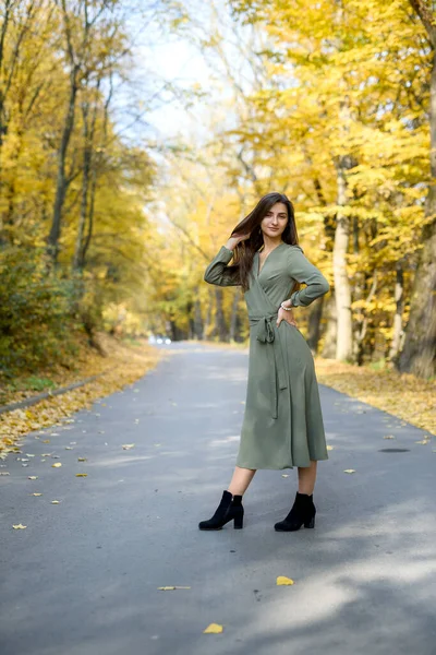 Ritratto Femminile Bruna Donna Ritratto Nel Parco Autunnale Vestita Ulivo — Foto Stock