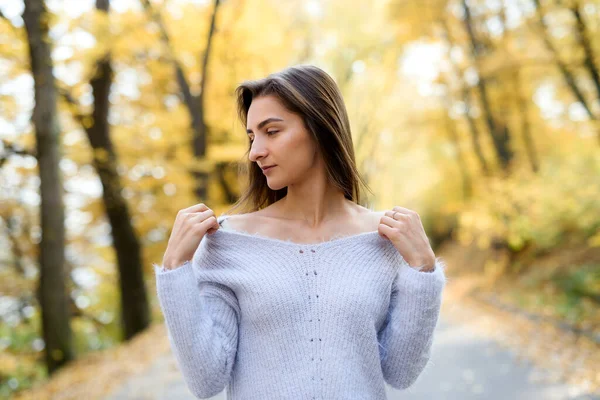 Portrait Femme Brune Tenue Décontractée Dans Parc Automne Couleurs Jaunes — Photo