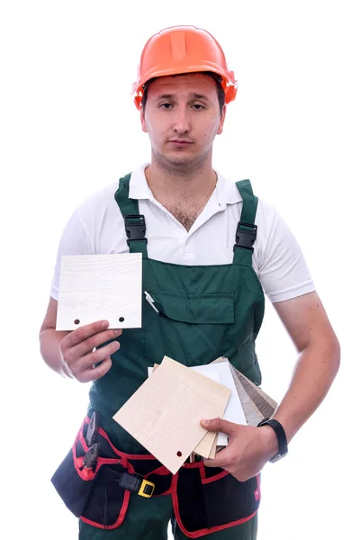 Trabajador Señalando Muestreador Madera Aislado Blanco — Foto de Stock