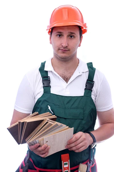 Carpinteiro Capacete Com Amostrador Madeira Isolado Branco — Fotografia de Stock