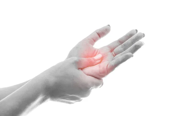 Beyaz Ellerde Izole Edilmiş Bir Kadın Ellerindeki Acıyı Hissetmek — Stok fotoğraf