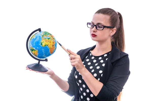 Woman Holding Globe Pointing Isolated White Stock Image