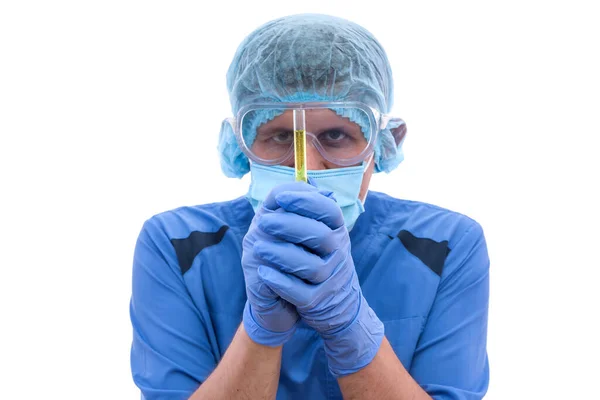 Chemist Work Man Protective Uniform Holding Test Tubes Isolated White — Stock Photo, Image