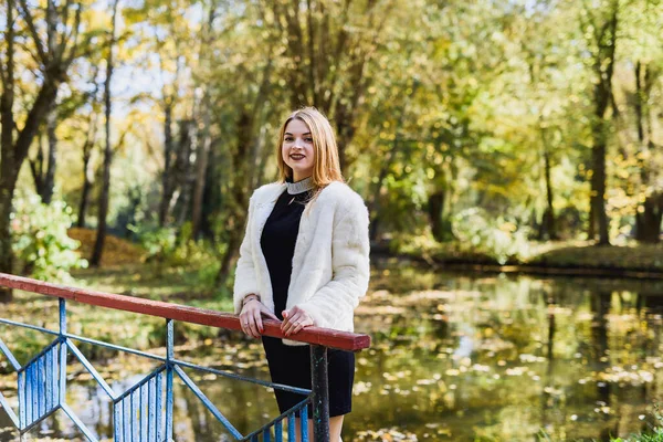 Mode Kleidet Frau Pelzmantel Und Kleid Posiert Herbstpark — Stockfoto