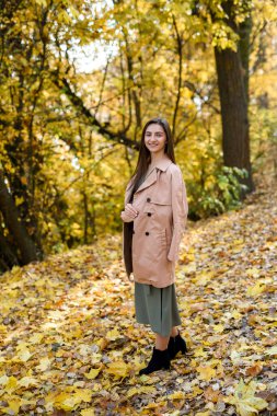 Sonbahar parkı. Yeşil elbiseli güzel kadın, sonbahar parkında sarı yapraklarla poz veriyor.