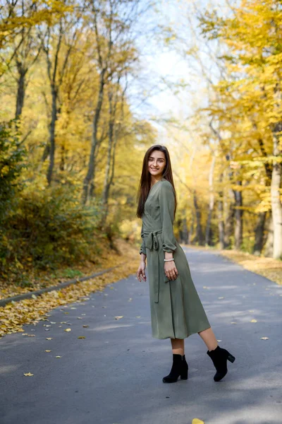 Portrait Féminin Brunette Portrait Femme Dans Parc Automne Robe Olive — Photo