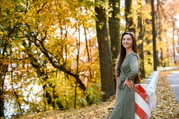 Ritratto Femminile Bruna Donna Ritratto Nel Parco Autunnale Vestita Ulivo — Foto Stock