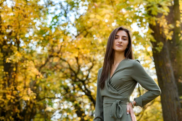 Ritratto Donna Bruna Abito Verde Posa Nel Parco Autunnale — Foto Stock