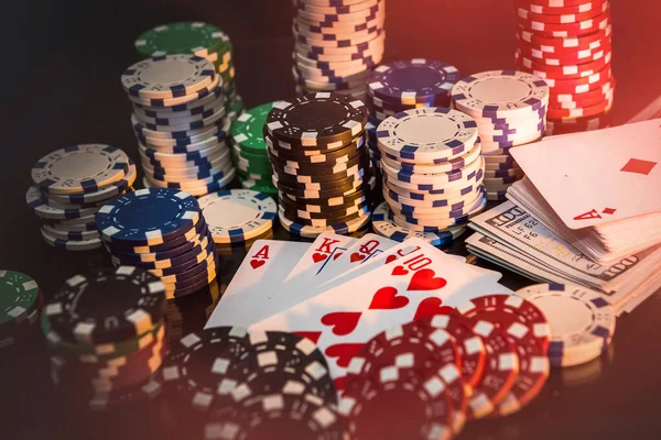 Poker Chips Playing Card Black Table — Stock Photo, Image