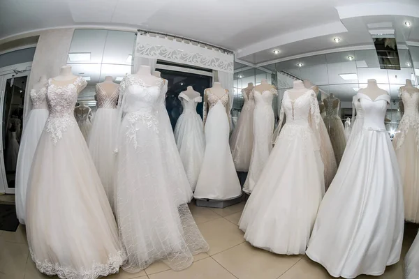 Bellissimi Abiti Sposa Atelier Nozze Effetto Fisheye — Foto Stock