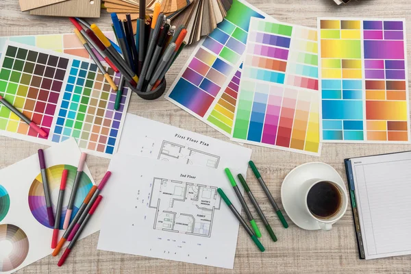 Colour Palettes House Plan Desk Top View Designer Working New — Stock Photo, Image