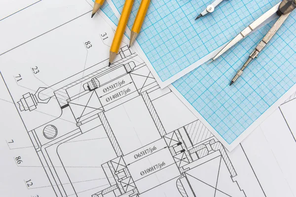 Desenho Técnico Com Papel Milimetrado Ferramentas Desenho Matemática Engenharia — Fotografia de Stock